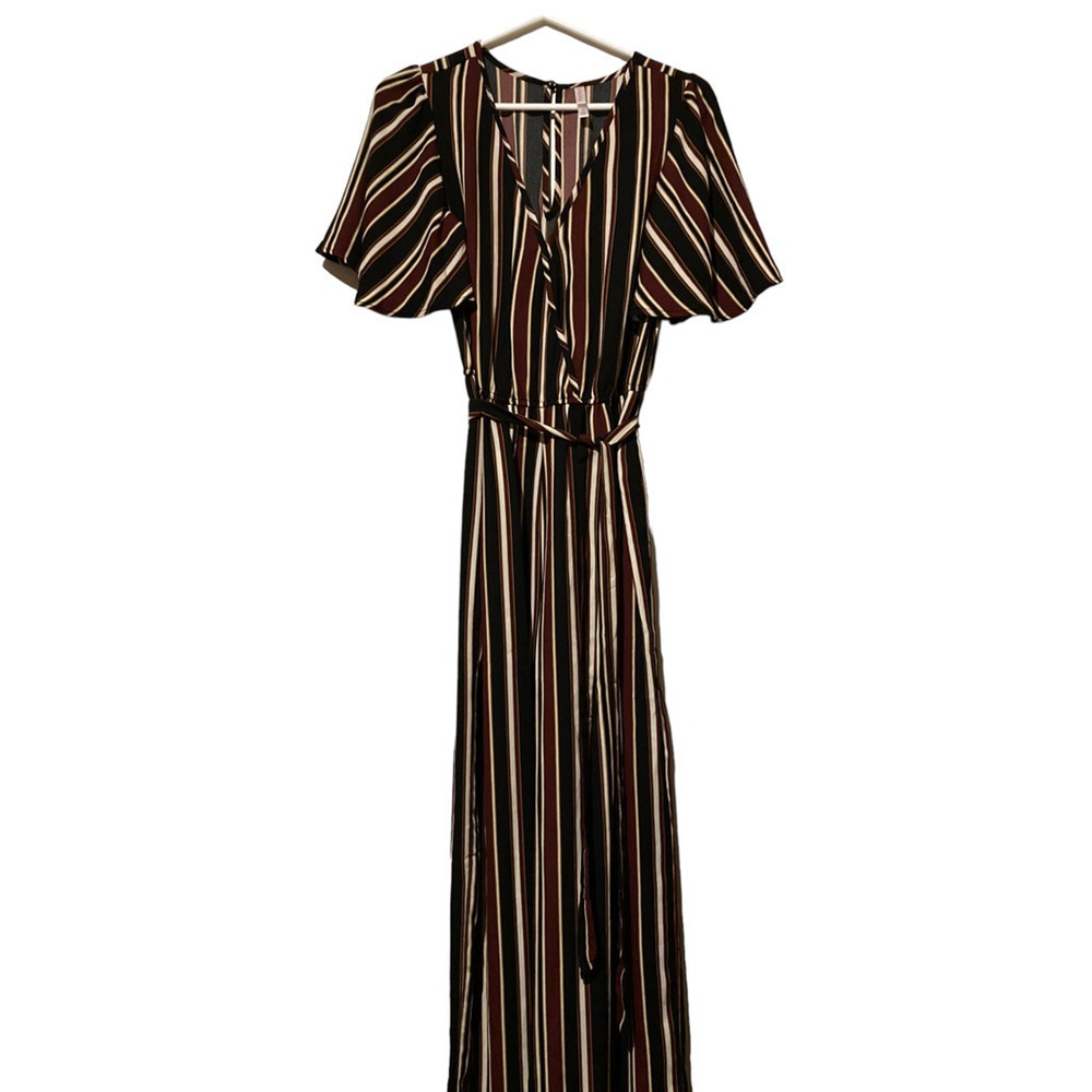 Xhilaration‎ Womens Jumpsuit Brown Stripe Belted Surplice Neck Short Sleeve S